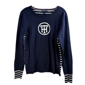 Tommy Hilfiger Navy Knit Sweater M Womens Long Sleeve Striped TH Logo Preppy